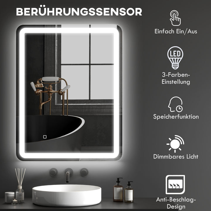 Badeværelsesspejl, belyst, touch-betjening, antidug, dæmpbar, 3 lysfarver, 70x90, sølv