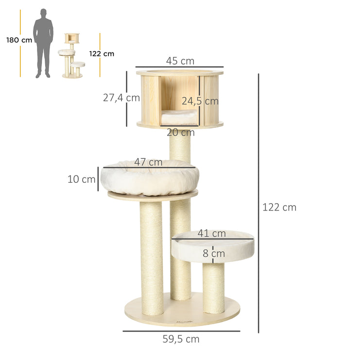 Kradsetræ 122 cm højt trækattetårn med tre niveauer, sisalstolper, platform, kradsetræ i flere niveauer, klatretræ til katte under 4,5 kg, naturlig + creme