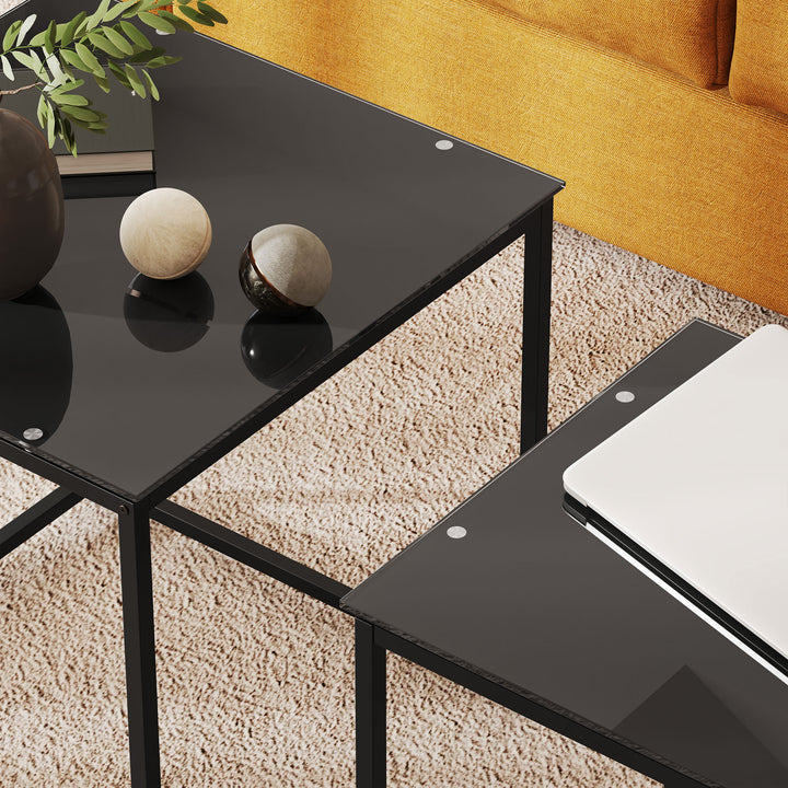 Sæt med 2 sideborde, moderne design, stabelbart, glasbord, sort