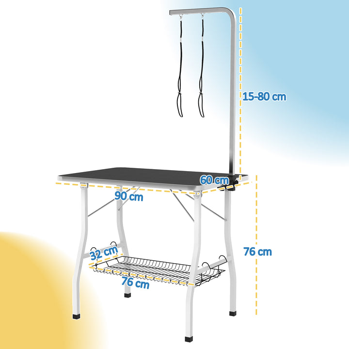Hundetrimmebord med justerbar arm og opbevaringsrum, gummioverflade, 90 x 60 x 76 cm, sort