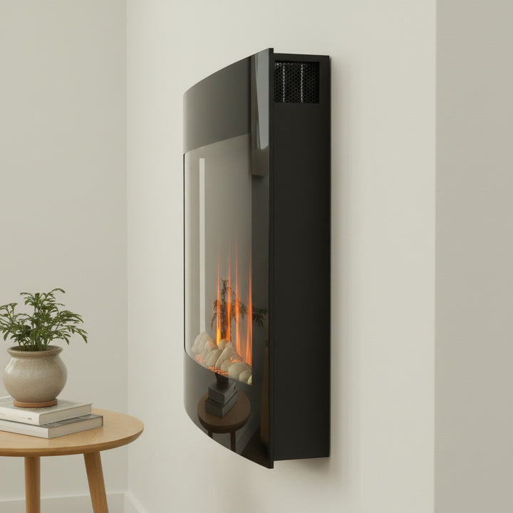 Elektrisk pejs med varmelegeme, elektrisk pejs med 3d flammeeffekt, 7 flammefarver, 900/1800 w, vægmonteret pejs med timer, dekorativ pejs med fjernbetjening, sort, 65 cm