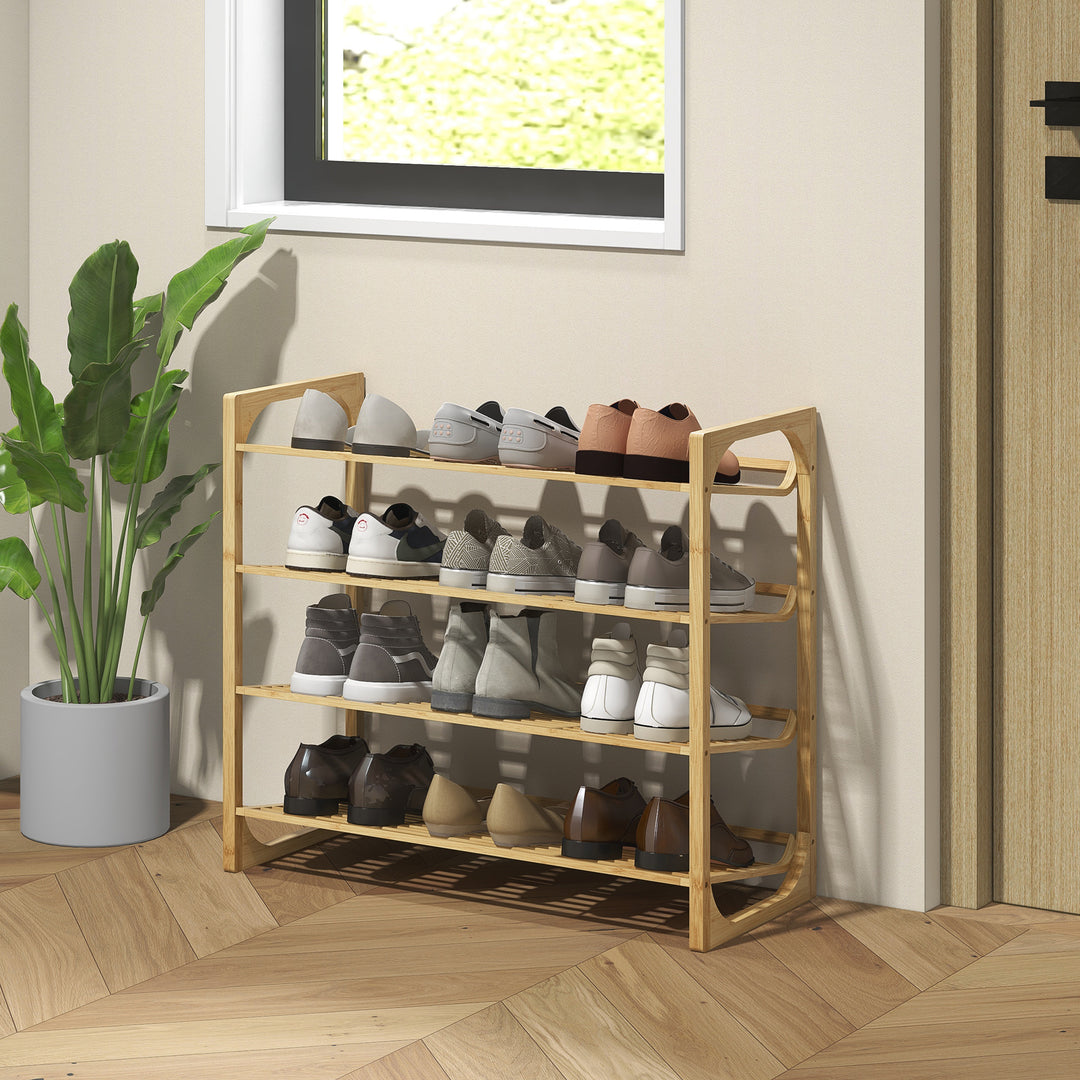 Skohylde i bambus, 15,5 cm hyldehøjde, ventileret lameldesign, 76 x 33 x 67 cm, naturlig trælook