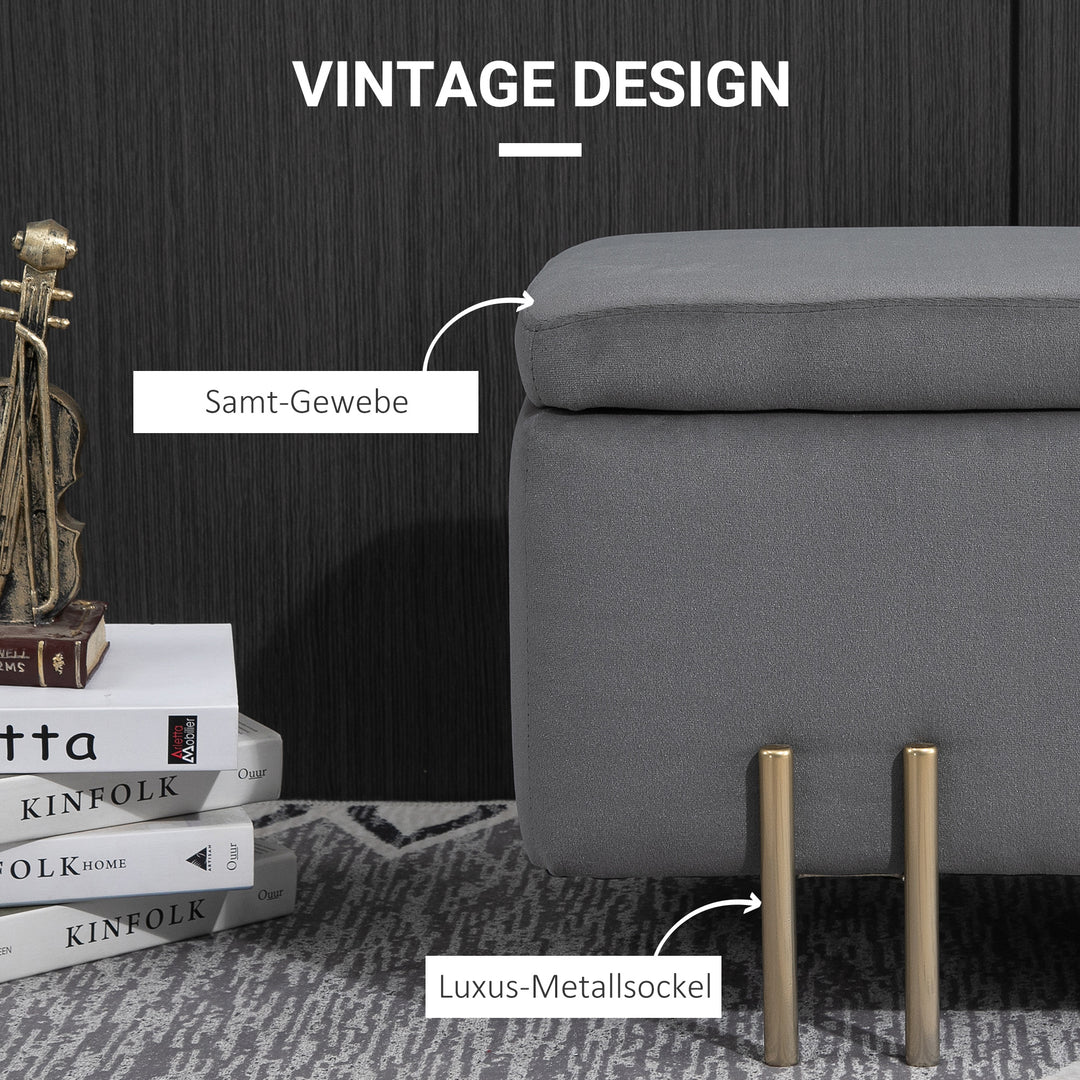 Bænk med opbevaringsplads, polstret bænk med fløjlslook, kommode med metalben, kommodebænk til stue, soveværelse, entre 100 x 40 x 42 cm, mørkegrå