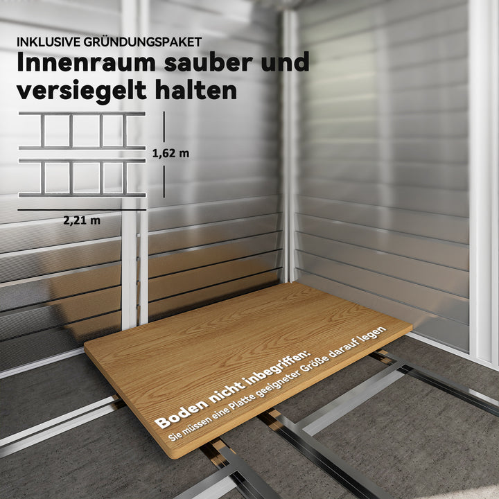 Metalredskabsskur, vejrbestandigt og rustbestandigt, aflåseligt, 2,40 x 2,06 x 1,98 m, teaktræ