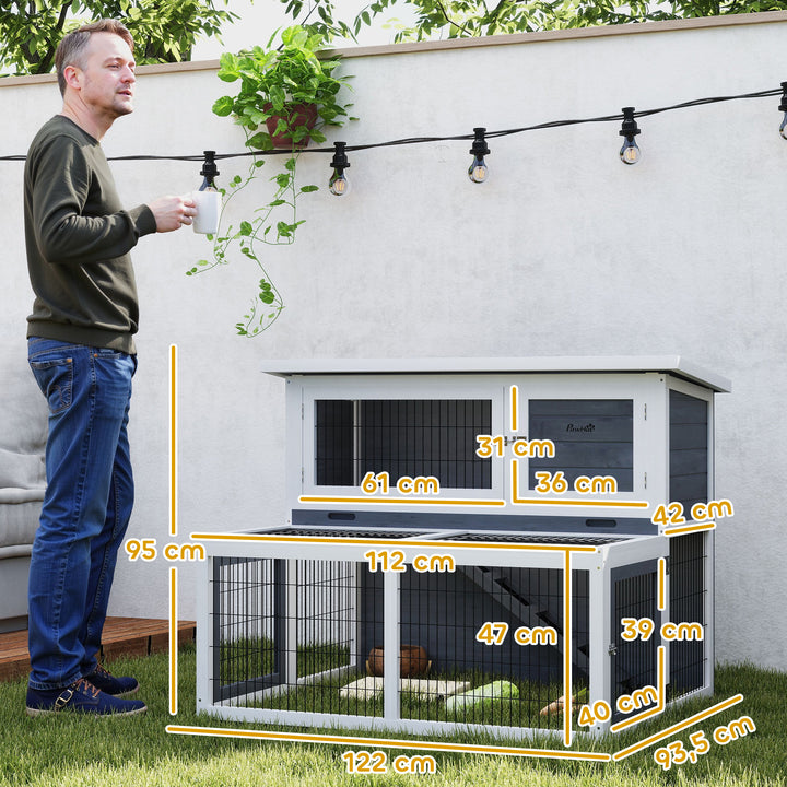 Kaninbur 2 niveauer med foldbart tag kaninbur lavet af massivt træ vintersikkert dobbelthus 122x95x93,5 cm grå