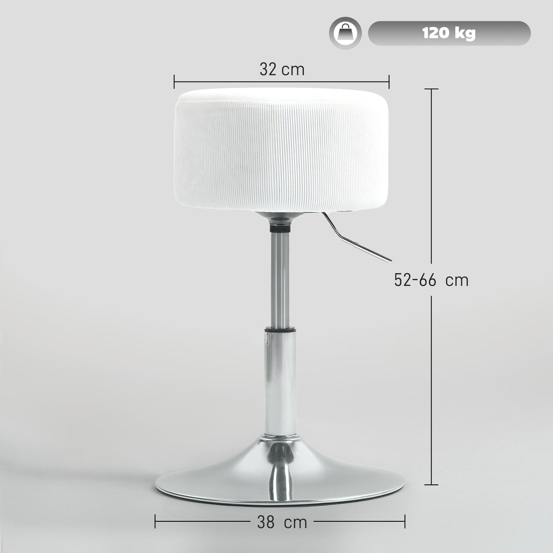 Barstol, polstret barstol med metalstel, corduroy look, højdejusterbar 360° drejelig hvid