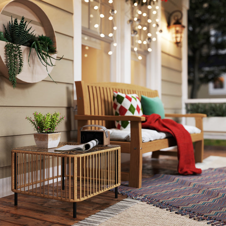 Havebord i polyrattan, 65 x 65 x 43 cm, vejrbestandigt sidebord firkantet med glasplade i naturtræ