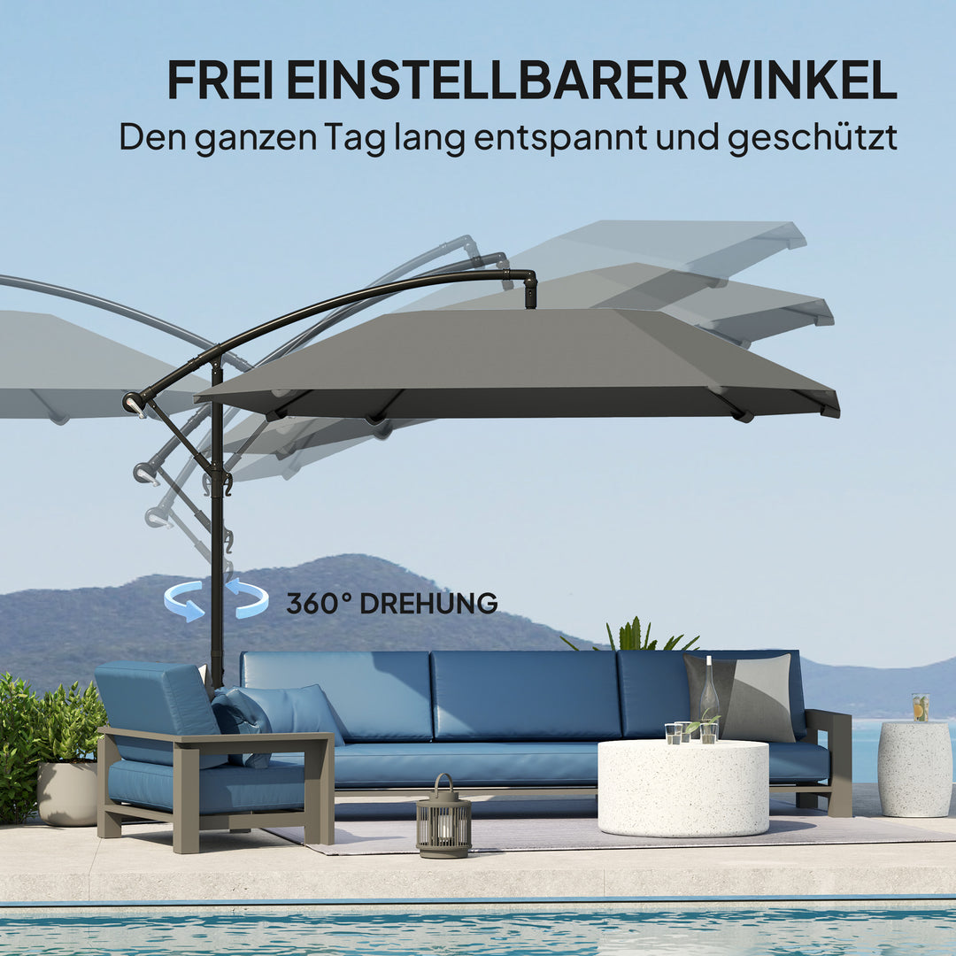 Aluminiums fritstående parasol, Ø 260 cm, vandtæt, håndsvingsbetjent parasol med stativ og håndsving, mørkegrå