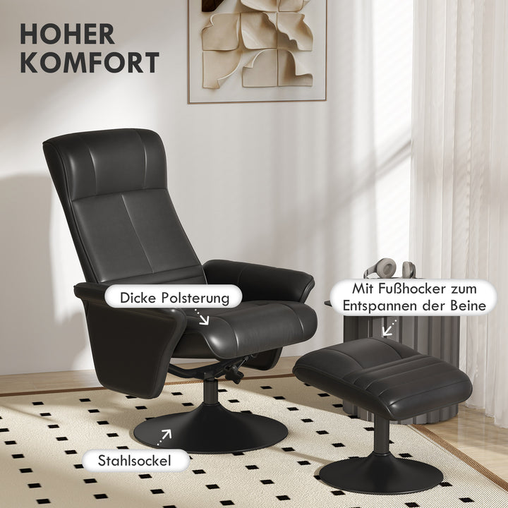 Polstret lænestol, accentstol med fodskammel, drejelig, ergonomisk, mikrofiberlook, op til 150 kg, sort
