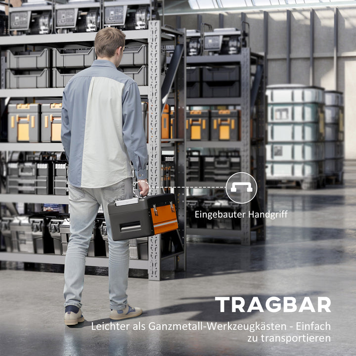 Tom værktøjskasse, 49,7 x 25,3 x 23 cm værktøjskasse med skuffe, minikasse stål orange