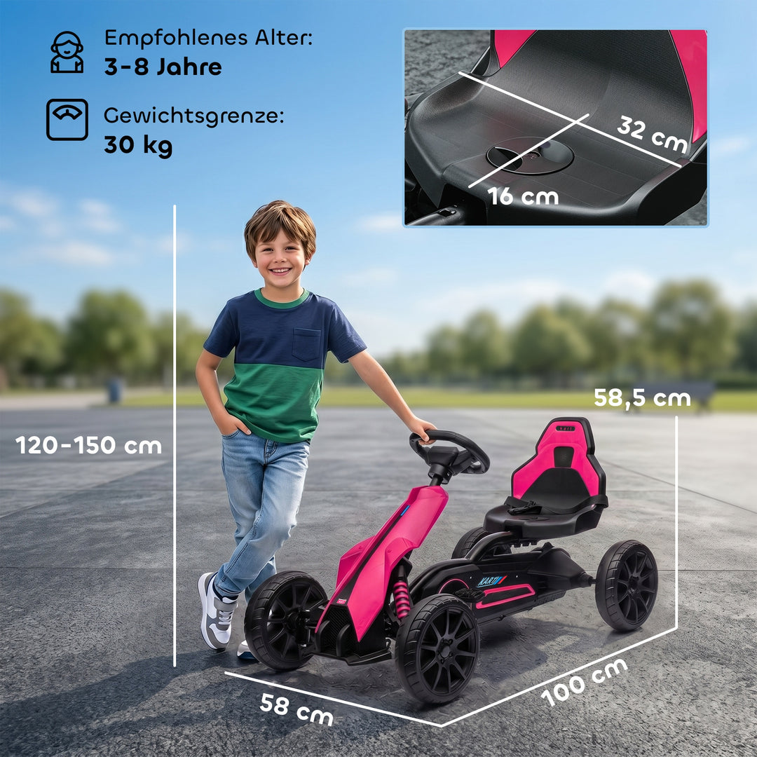 Gokart, børnekøretøj med justerbart sæde, pedalbil, pedalbil med håndbremse, 3-8 år, udendørs, lyserød