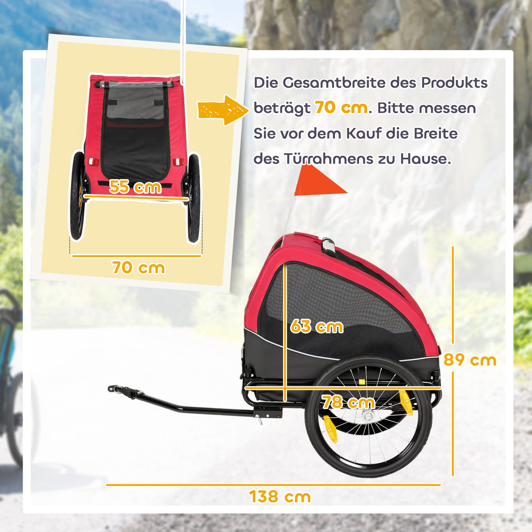 Sammenklappelig hundetrailer med reflekser, netvindue, hjul, dør, sikkerhedsflag til hunde op til 20 kg, 138x70x89 cm, rød