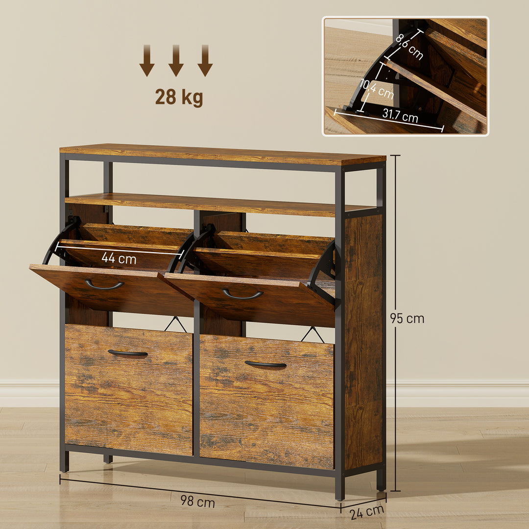 Skoskab med 4 sammenklappelige skuffer, slankt design, åben hylde, til 12-20 par sko, stål, brun