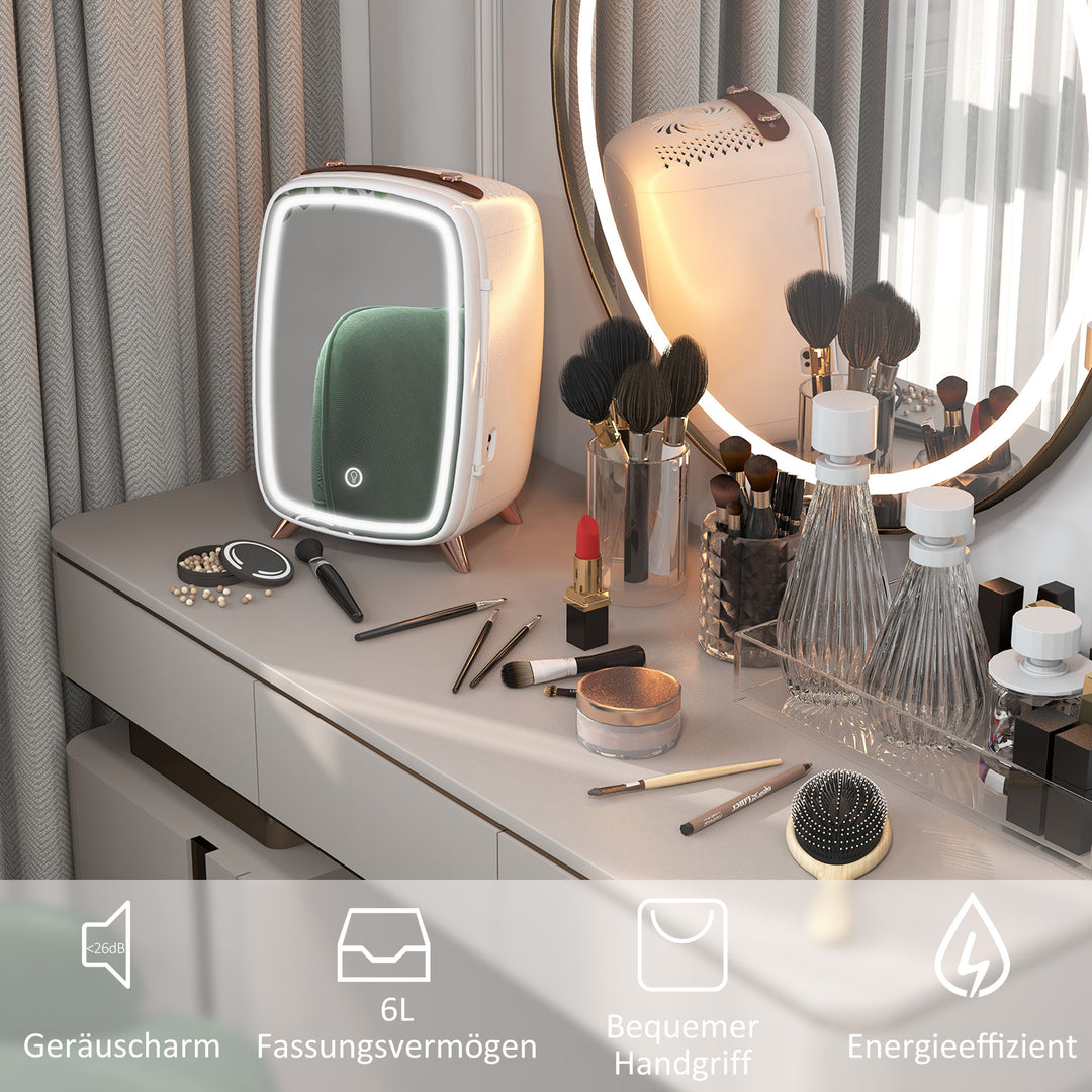 Minikøleskab til kosmetik, drikkevarer og snacks, bærbart, med oplyst spejl, stille drift, 6l, hvid