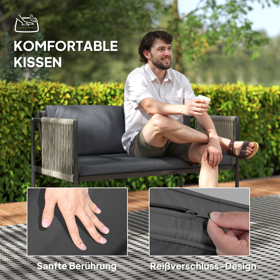 Havemøbelsæt med 4 dele, 1 sofa, 2 lænestole, 1 glasbord, hynder, stålstel, plastikrattan, grå