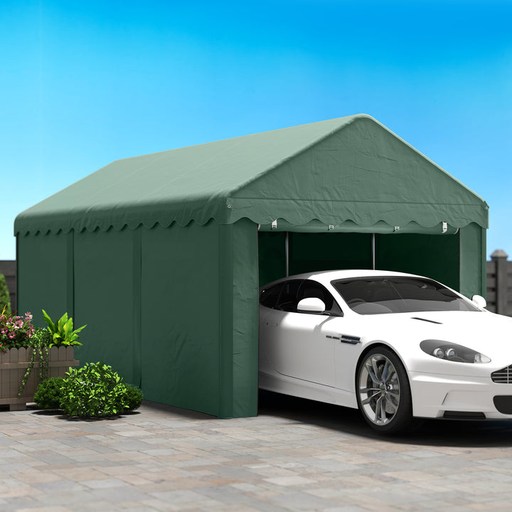 3x6 m transportabel carport, biloverdækning med 2 indgange, polyestertag, til biler, både, haveudstyr, mørkegrøn