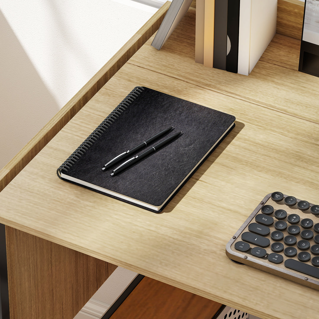 Foldbart computerbord med 2 forlængerpaneler, masser af plads til skærme, metalben, robust konstruktion, eg+sort