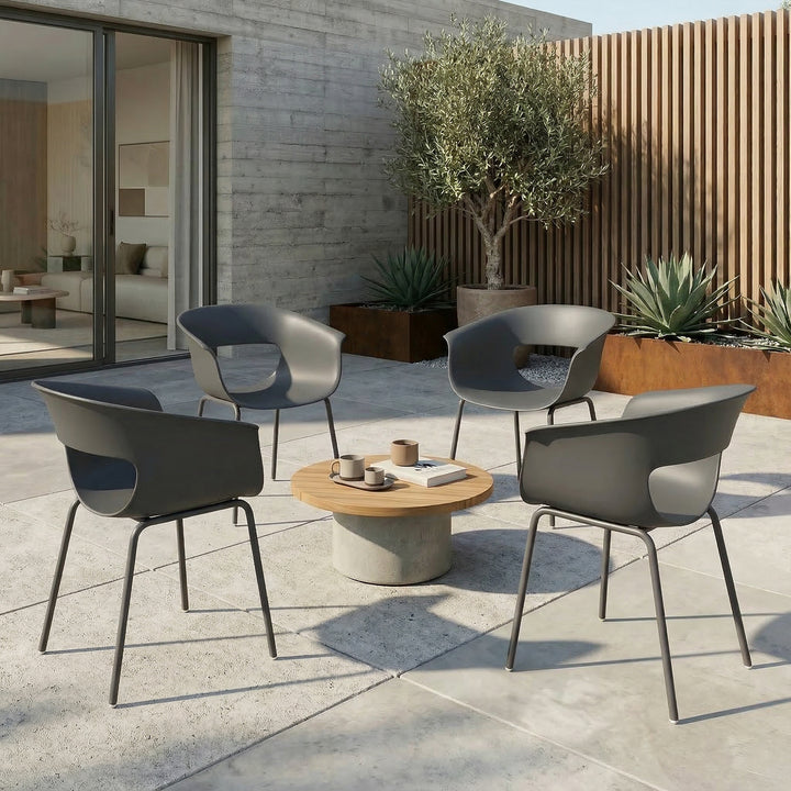 Sæt med 4 ergonomiske havestole, balkonstole med udskæringsdesign, armlæn, vejrbestandige, rustfri, mørkegrå