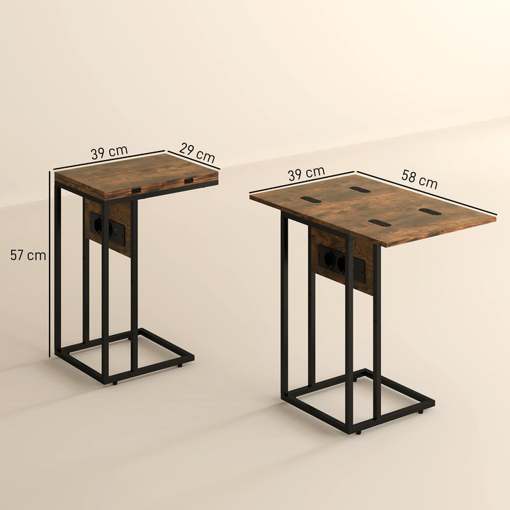 Sammenklappeligt sidebord, ladestation med USB-porte, metal, 39 x 29 x 57 cm, brun