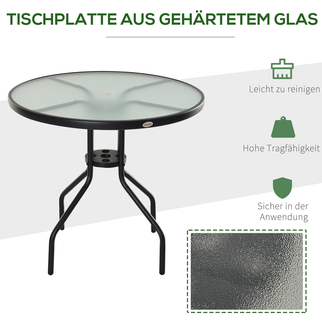 Havebord, balkonbord, havesidebord, bistrobord, havemøbler med parasolhul, hærdet glas + metal, sort, Ø80 x 72 cm