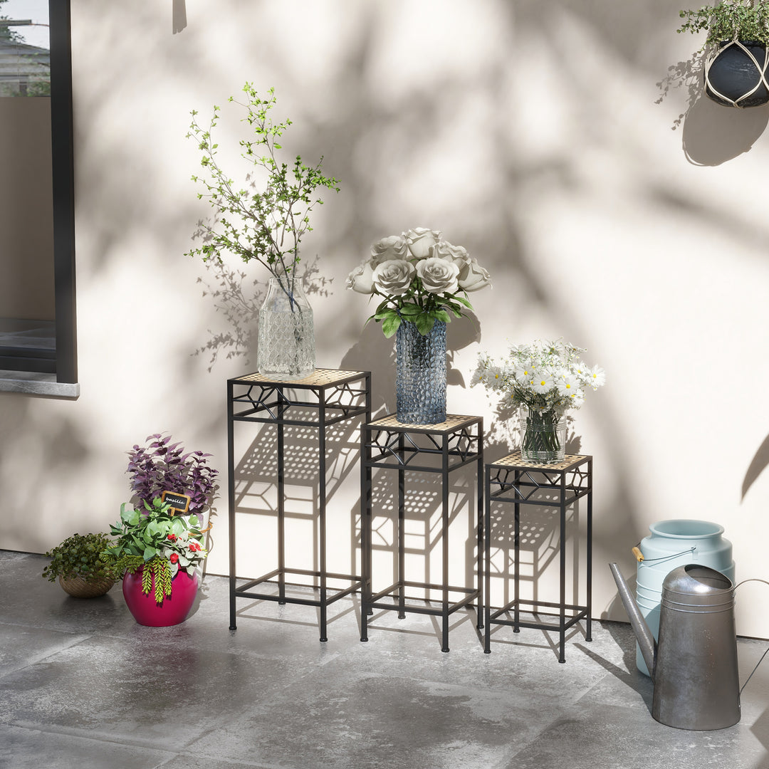 Blomsterstander, sæt med 3, rund, stabelbar, rattan-look, metalben, indendørs og udendørs brug, sort/guld