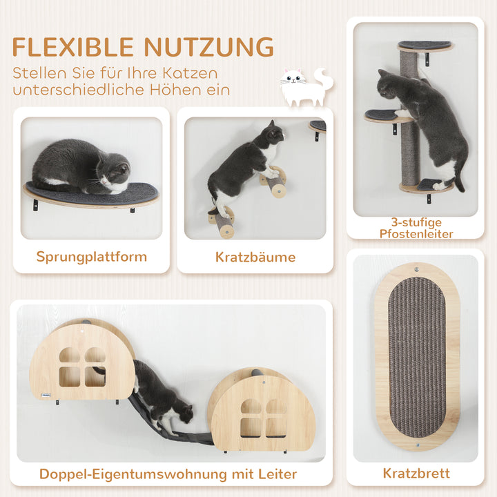 Klatrevæg til katte, 7-delt klatrevægsæt til katte med sisal stige, platform kradsetræ grå