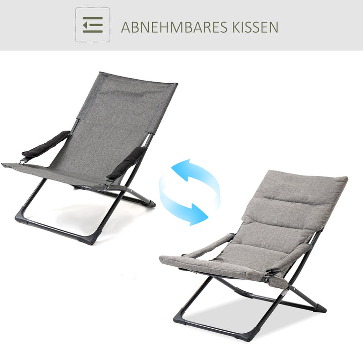 Metal havestol, klapstol med aftagelig hynde, vejrbestandig, foldbar, campingstol, liggestol, 120 kg vægtkapacitet, siddepladser til have, terrasse, balkon, 66B x 94D x 79H cm, grå