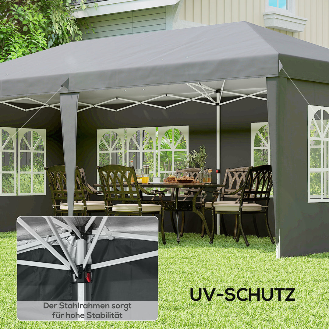 Pavillon ca. 3x6m Vandtæt Pop-up Foldepavillon med 4 sidepaneler, vindue, UV-beskyttelse, bæretaske grå