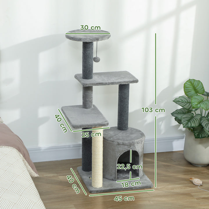 Kradsetræ 103 cm med kattehule, platforme, sisal kradsetræer, plysbold til katte op til 5 kg, grå