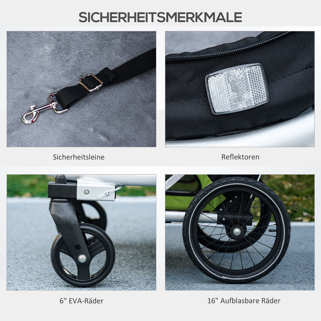 2-i-1 hundebåren/hundejogger/cykeltrailer op til 20 kg, 2 reflekser, 1 sikkerhedsline, 150 x 68 x 95 cm, grøn