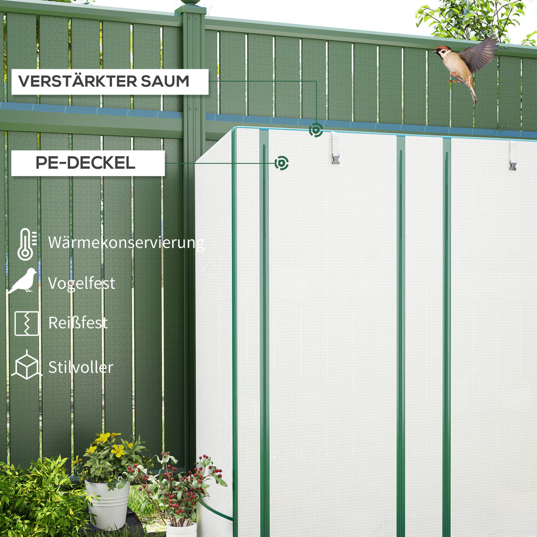 Mini drivhus med 3-lags hylde, plastikdæksel, uv-bestandig, bærbar rulleport, 144 x 48 x 152 cm, hvid