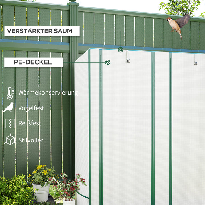 Mini drivhus med 3-lags hylde, plastikdæksel, uv-bestandig, bærbar rulleport, 144 x 48 x 152 cm, hvid