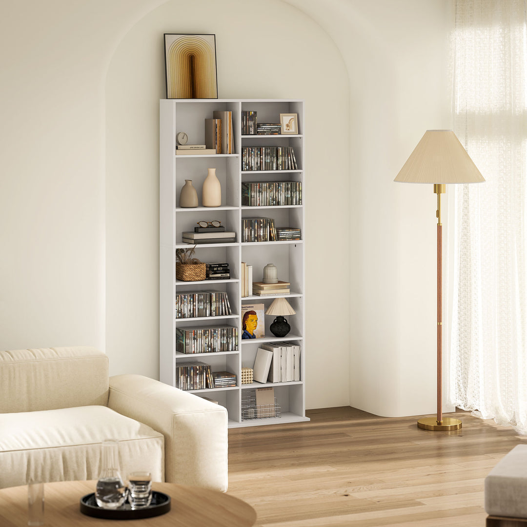 Dvd-hylde, cd-opbevaringsstativ, 14 justerbare hylder, 18 rum, 175 cm, blu-ray-hylde, spånplade, hvid