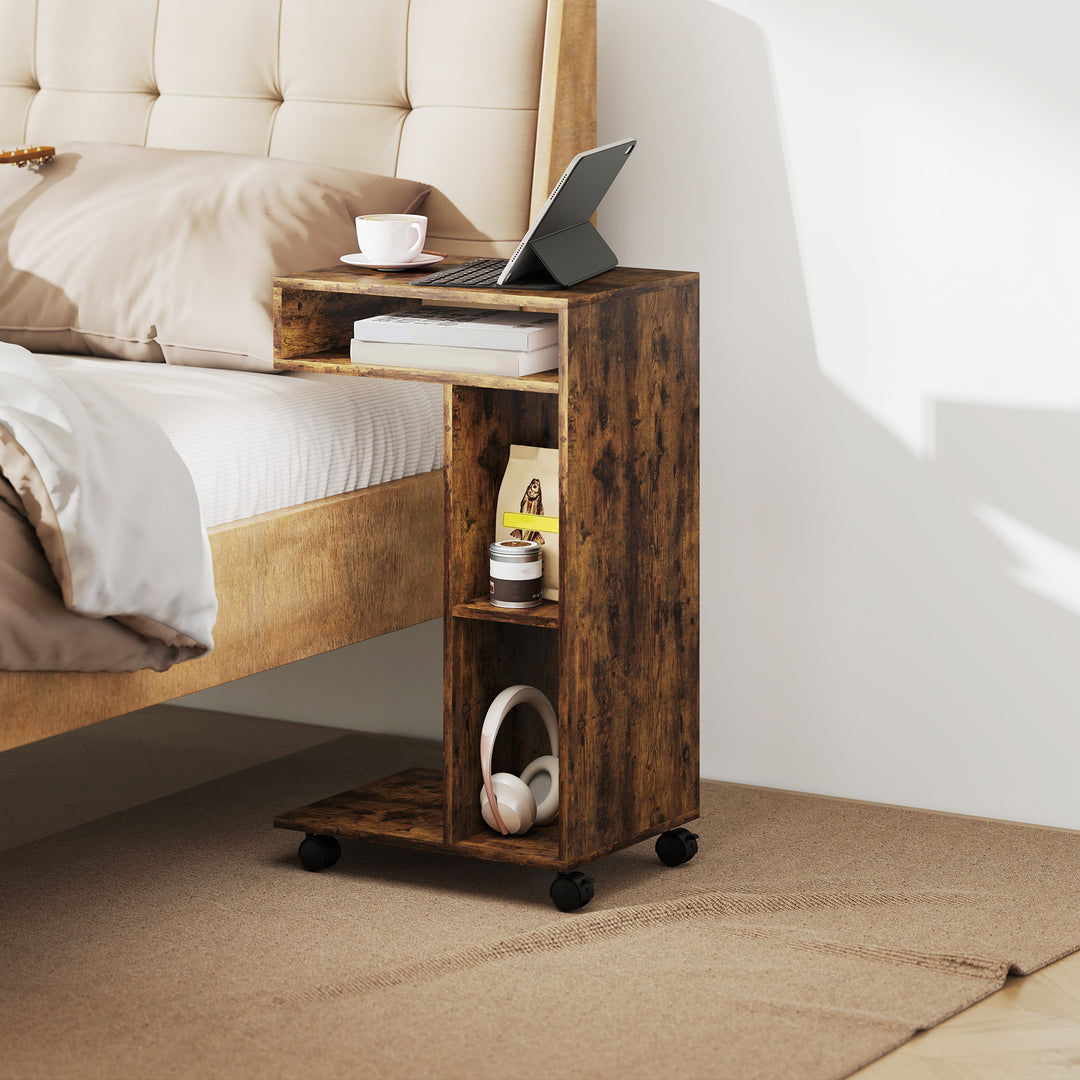 Sidebord, C-formet serveringsvogn, 4 hjul, 3 rum, 40 x 30 x 69 cm, rustik brun