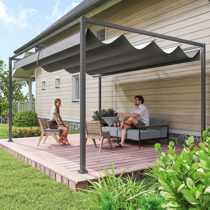 Pergola, robust solsejl til have, altan, terrasse, lavet af metal og plastik, UV- og vandafvisende, mørkegrå