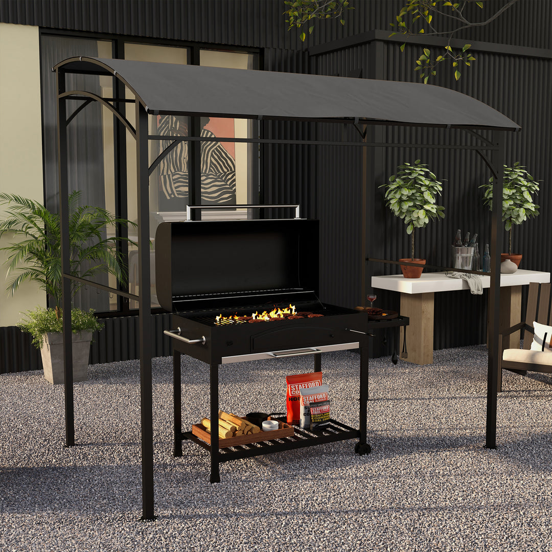 Grillpavillon, grillovertræk, regnslag, kroge til redskaber, stålramme, mørkegrå, 215 x 150 x 182/220 cm