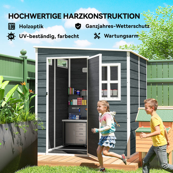 Haveskur 2,89 m², redskabsskur i trælook, 3 vinduer, ventilation, gulv, lås, handsker, 182 x 182 x 196 cm