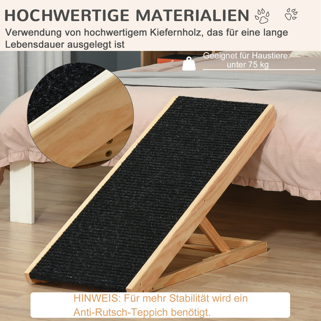 Dyrerampe med skridsikkert tæppe, justerbar dyrestige, hundelarampe til store hunde, fyrretræ, polyester, sort + naturtræ, 90B x 40D x 61H cm