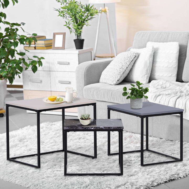 Sæt med 3 sofaborde, stabelbare sideborde, sofaborde, metalfod, mdf, 3 farver, 55 x 40 x 45 cm/48 x 37 x 40 cm/41 x 34 x 35 cm