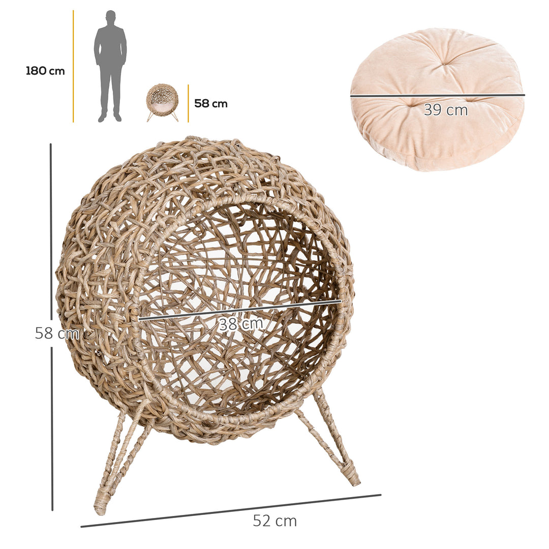 Rattan kattehus med hynde, katteseng, kattehule med hævede fødder, naturlig, Ø52 x 58 cm