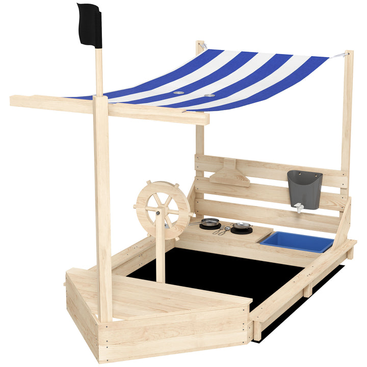 Sandkasse med solskærm, piratskibsdesign, inklusive børnekøkkenlegesæt, massivt træ, 180 x 103 x 144,5 cm, natur + blå