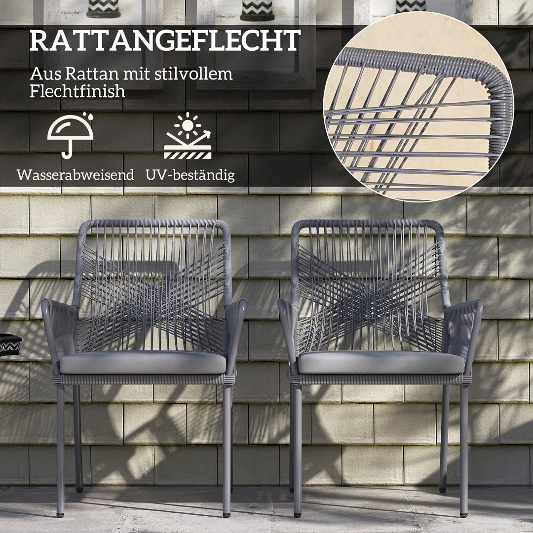 Sæt med 2 havestole, terrassestole, vaskbare hynder, ryglæn, armlæn, stål, rattan, mørkegrå