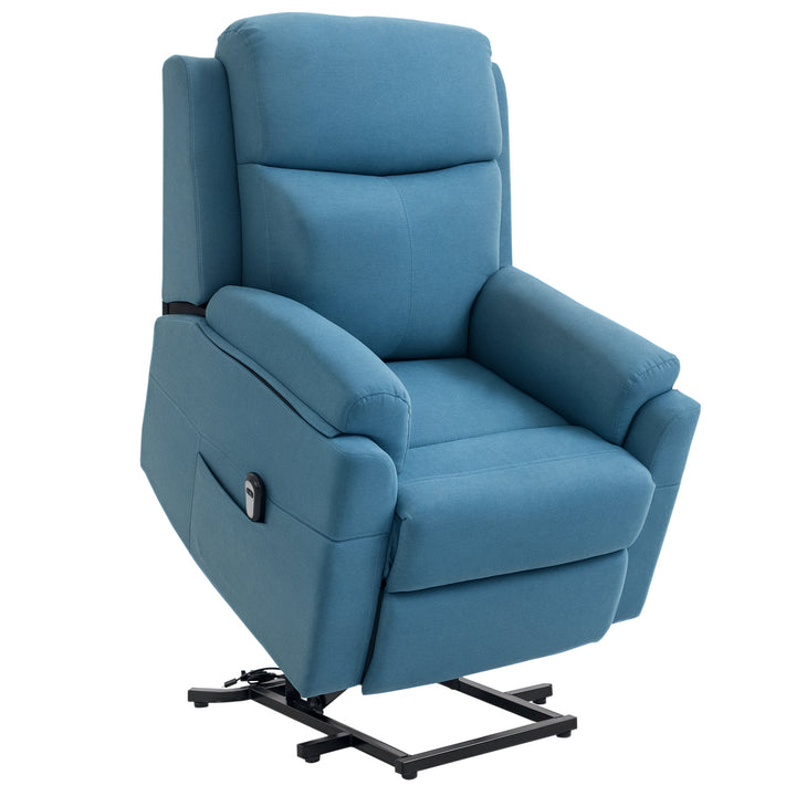 Elektrisk stol med ståhjælp til seniorer, tv-stol med sovefunktion, linned touch, blå, 83 x 89 x 102 cm