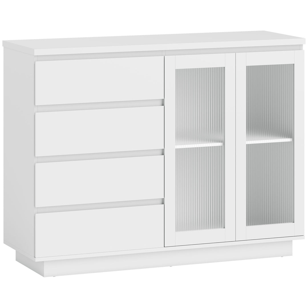 Buffetskab, skænk med 4 skuffer, 2 vitrinelåger, moderne design, MDF, hvid