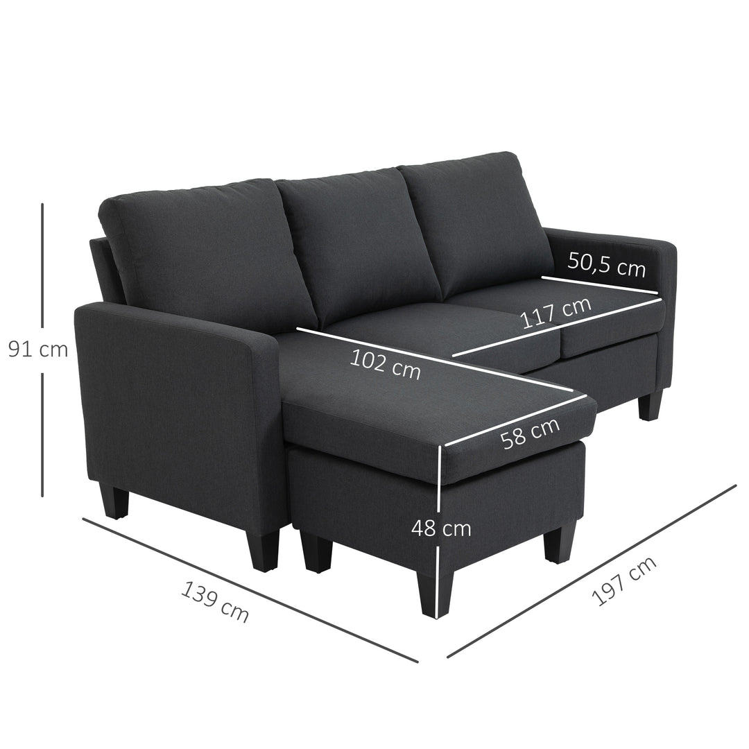 Hjørnesofa med sovefunktion, 3-personers sofa og hynder, hjørnesofa, l-formet sofa til stue, soveværelse 197 x 139 x 91 cm, hør, mørkegrå