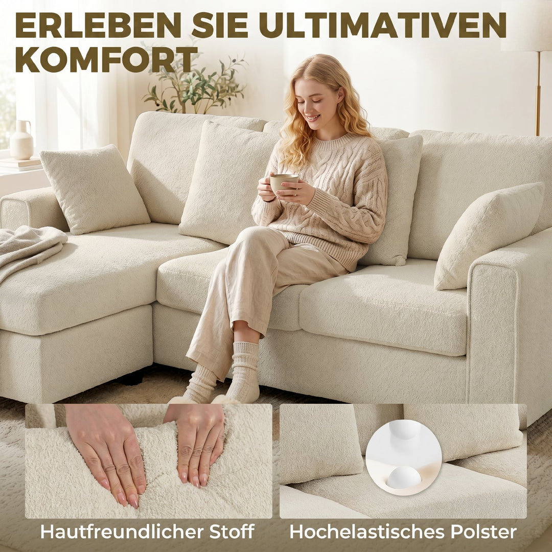 Hjørnesofa med vendbar chaiselong, 3-personers sofa med fløjlslook, bredt og dybt sæde, fjerhynder, beige