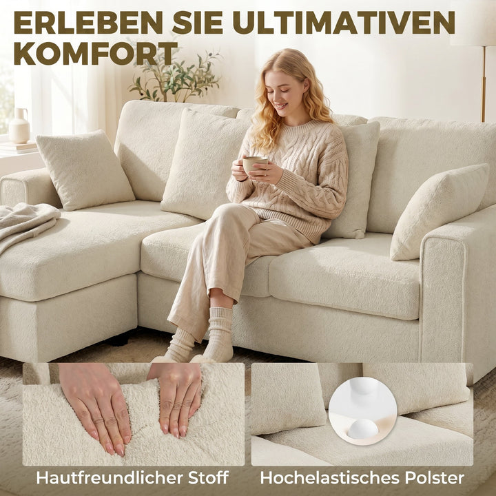 Hjørnesofa med vendbar chaiselong, 3-personers sofa med fløjlslook, bredt og dybt sæde, fjerhynder, beige