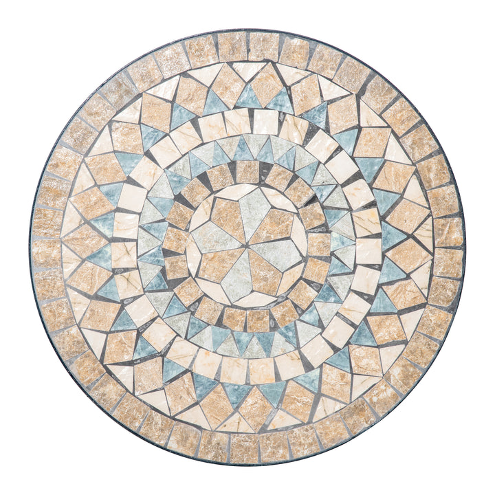 Havebord, mosaikbord, rundt bistrobord, sidebord med mosaikplade, keramik, metal, grøn+beige+hvid, Ø60 cm