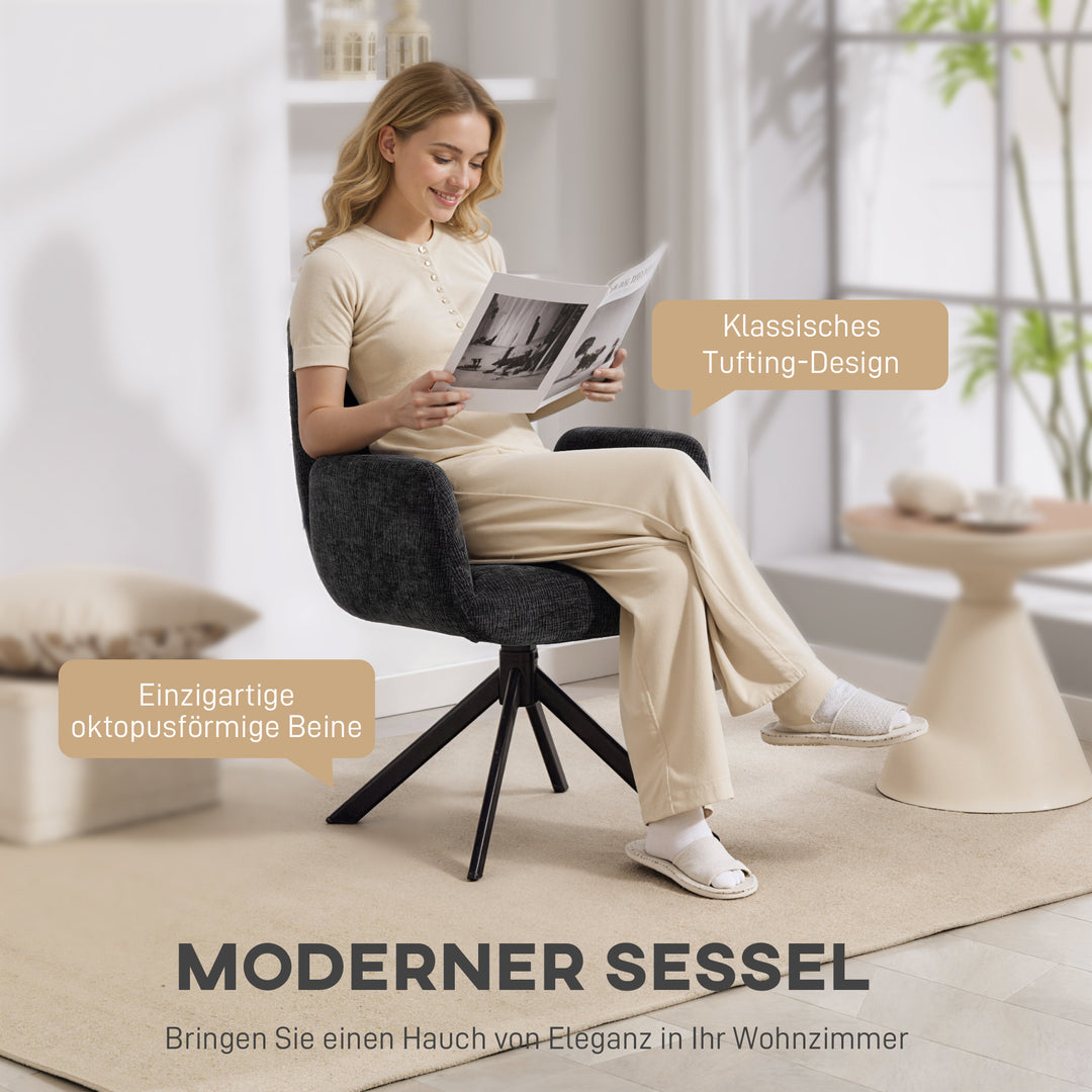 Polstret lænestol, accentstol, moderne design, drejelig, op til 120 kg, sort
