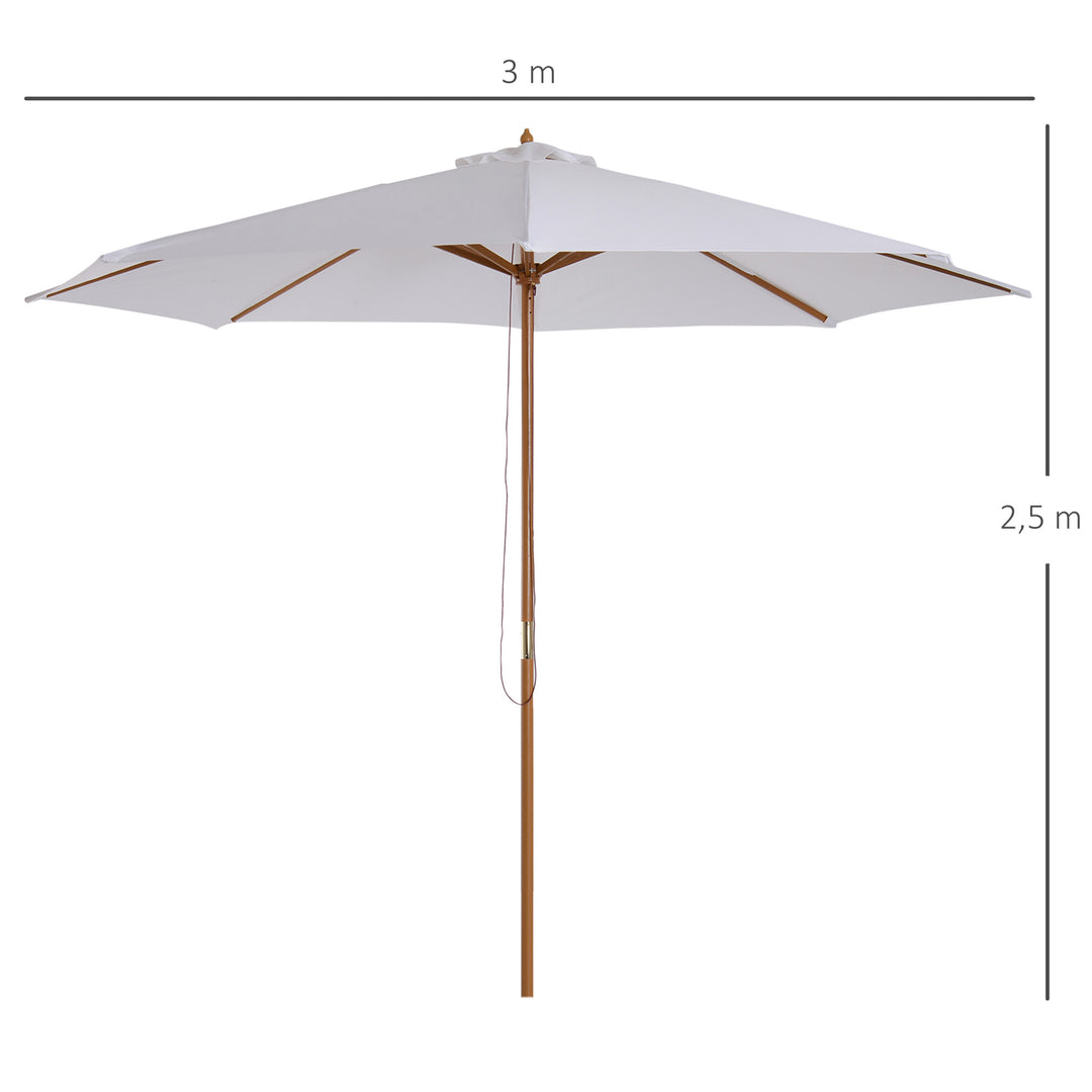 Parasol Ø 300 cm, parasol med UV-beskyttelse, træparasol til balkon, stabil strandparasol, markedsparasol, solbeskyttelse til strand, terrasse, have, hvid